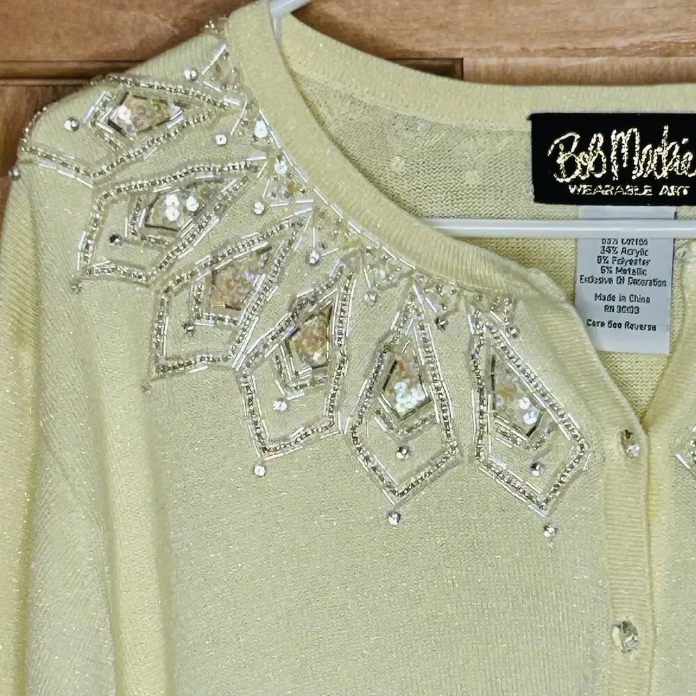 Bob Mackie Cardigan 1X Yellow Beads Sequins Sparkle Buttons Art to Wear‎ Sweater